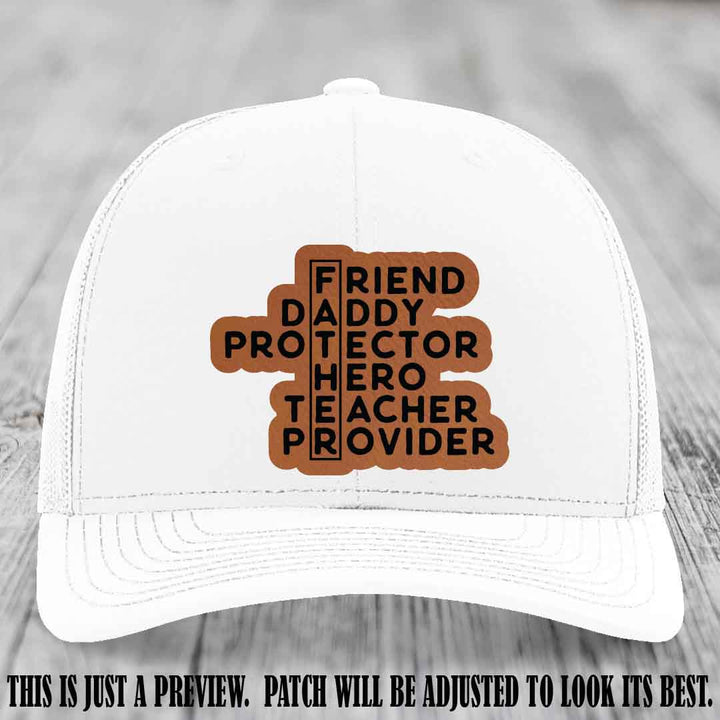 Father Figure 🤠 Leather Patch Hat with Rawhide to Black patch on White Hat