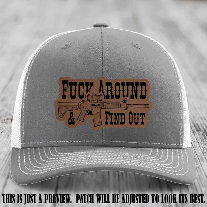 Fuck Around & Find Out 🔫 Leather Patch Hat Dark Brown to Black on Heather Grey to White Hat
