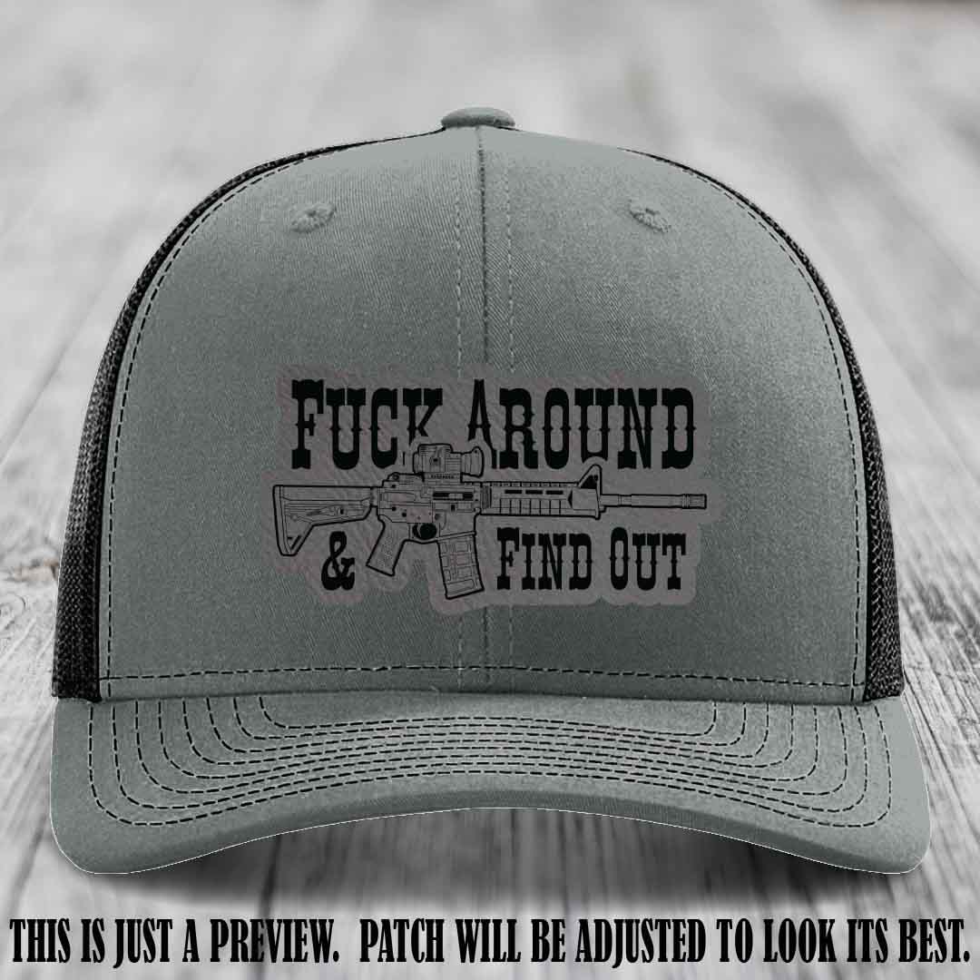 Fuck Around & Find Out 🔫 Leather Patch Hat Grey to Black on Heather Grey to Black Hat