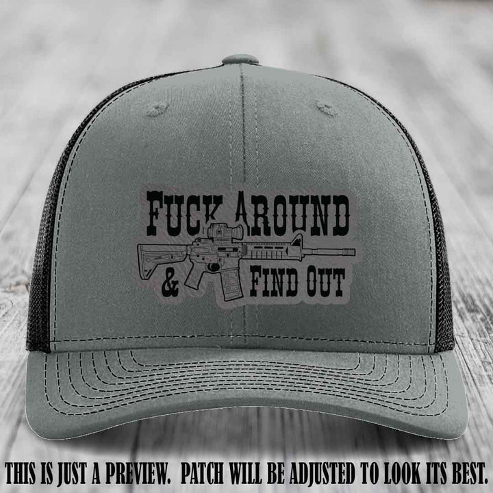 Fuck Around & Find Out 🔫 Leather Patch Hat Grey to Black on Heather Grey to Black Hat