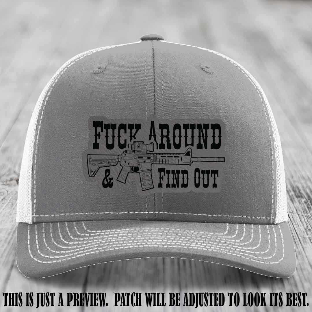Fuck Around & Find Out 🔫 Leather Patch Hat Grey to Black on Heather Grey to White Hat