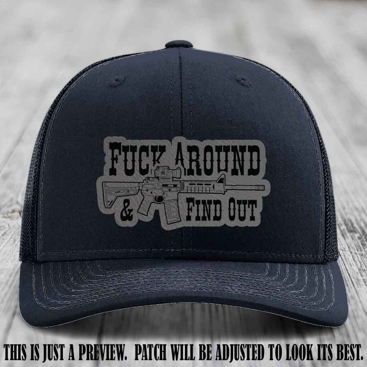 Fuck Around & Find Out 🔫 Leather Patch Hat Grey to Black on Navy Hat