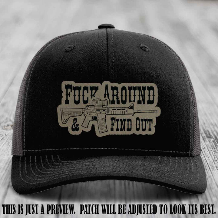 Fuck Around & Find Out 🔫 Leather Patch Hat Light Brown to Black on Black to Charcoal Hat