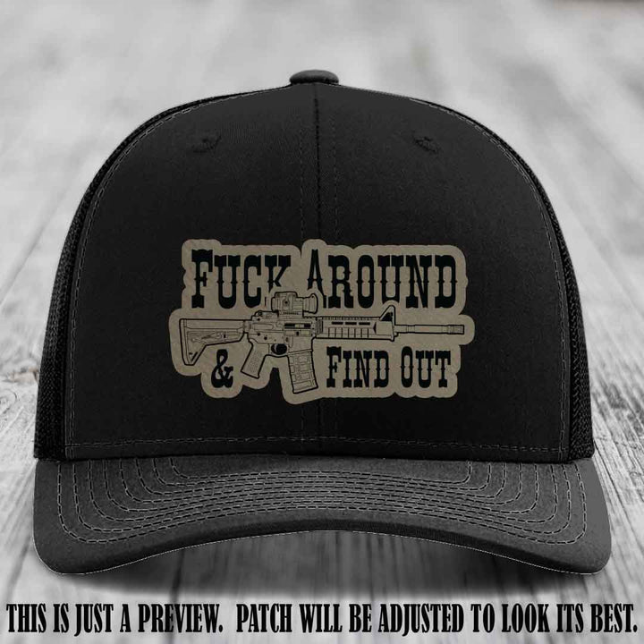 Fuck Around & Find Out 🔫 Leather Patch Hat Light Brown to Black on Black Hat