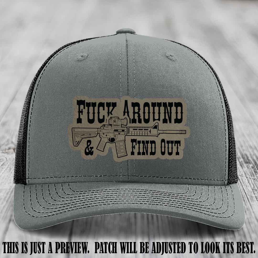 Fuck Around & Find Out 🔫 Leather Patch Hat Light Brown to Black on Heather Grey to Black Hat