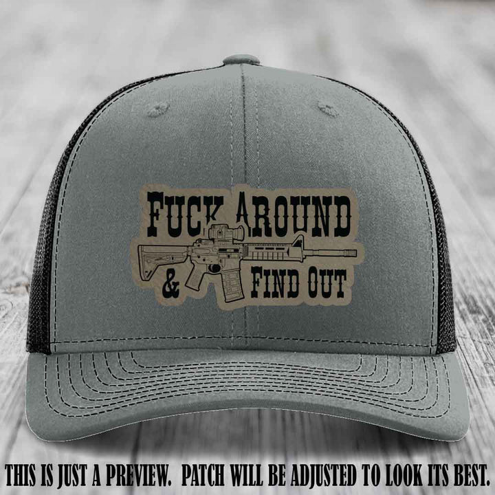 Fuck Around & Find Out 🔫 Leather Patch Hat Light Brown to Black on Heather Grey to Black Hat