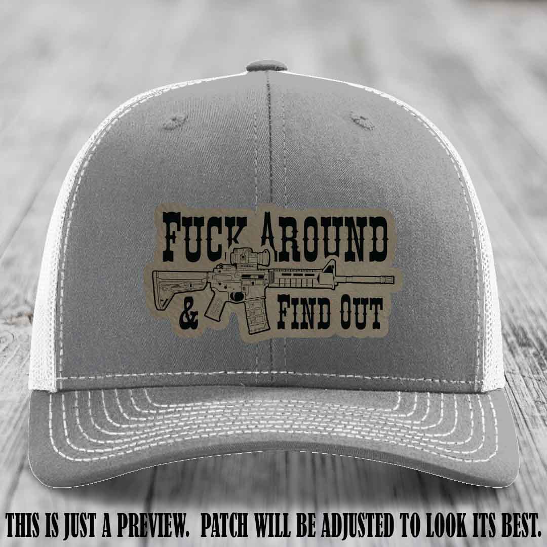 Fuck Around & Find Out 🔫 Leather Patch Hat Light Brown to Black on Heather Grey to White Hat