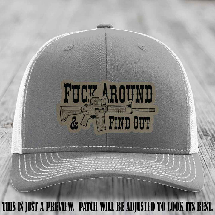 Fuck Around & Find Out 🔫 Leather Patch Hat Light Brown to Black on Heather Grey to White Hat