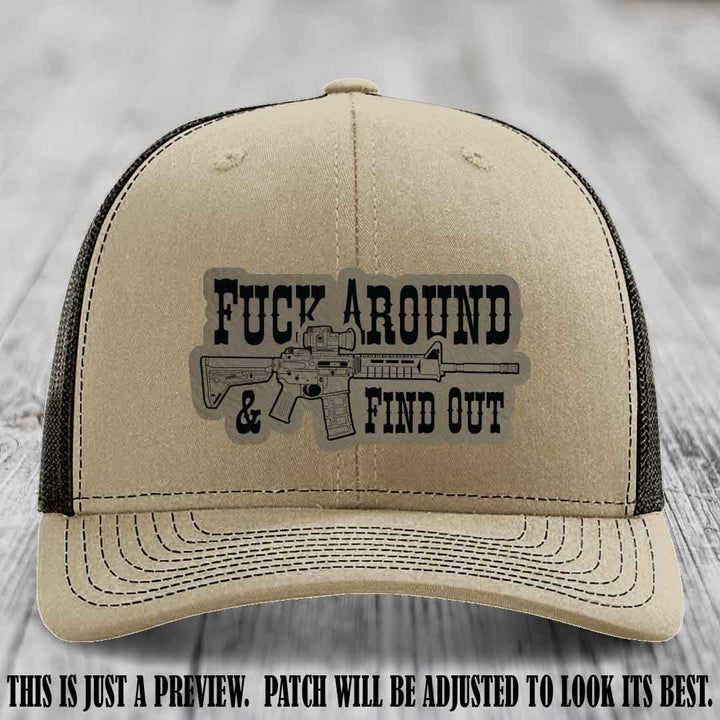 Fuck Around & Find Out 🔫 Leather Patch Hat Light Brown to Black on Khaki to Coffee Hat
