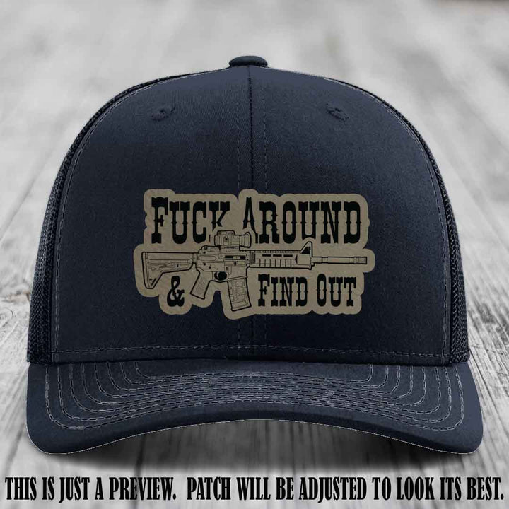 Fuck Around & Find Out 🔫 Leather Patch Hat Light Brown to Black on Navy Hat