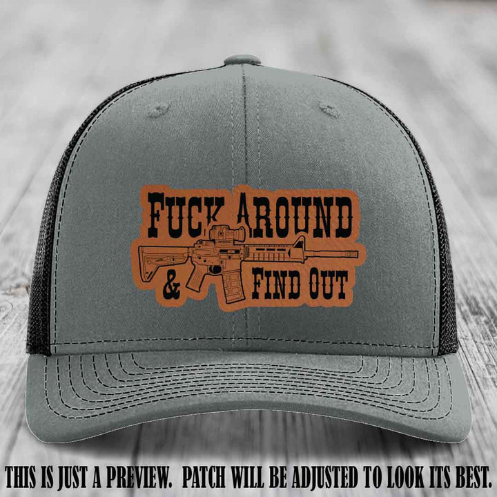 Fuck Around & Find Out 🔫 Leather Patch Hat Rawhide to Black on Heather Grey to Black Hat