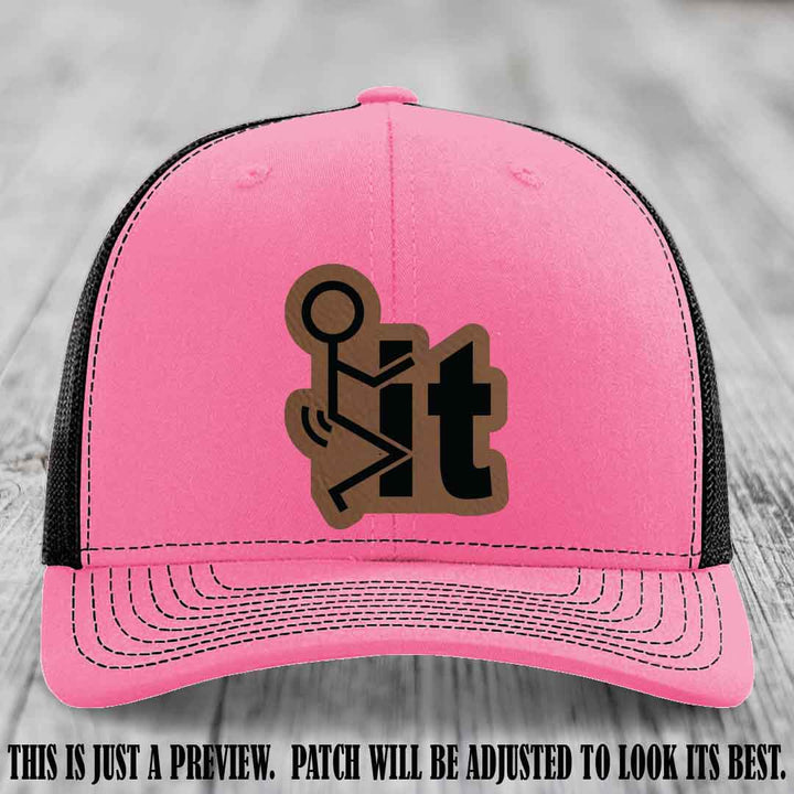 Stick It 😏 dark brown to black patch on hot pink to black hat Richardson 112 leather patch hat