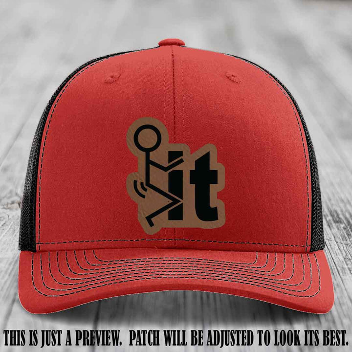 Stick It 😏 dark brown to black patch on red to black hat Richardson 112 leather patch hat