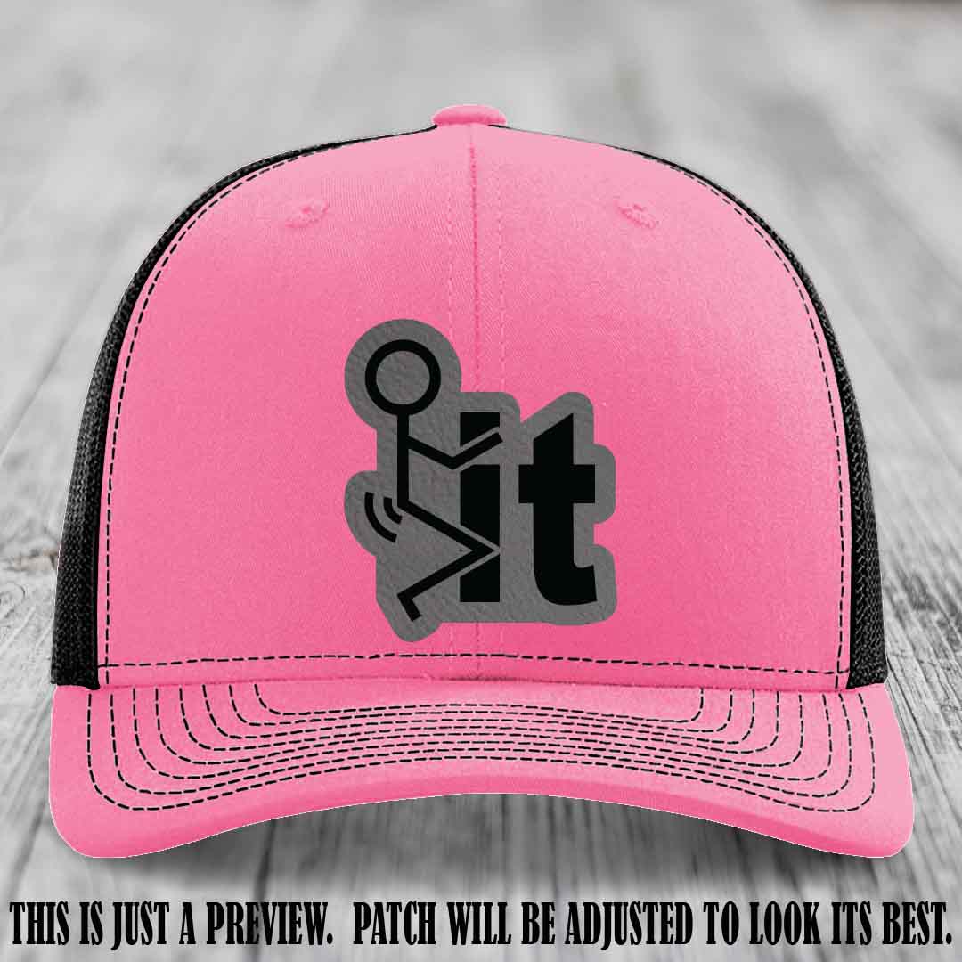 Stick It 😏 grey to black patch on hot pink to black hat Richardson 112 leather patch hat