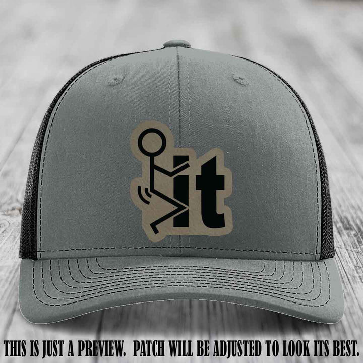 Stick It 😏 light brown to black patch on heather grey to black hat Richardson 112 leather patch hat