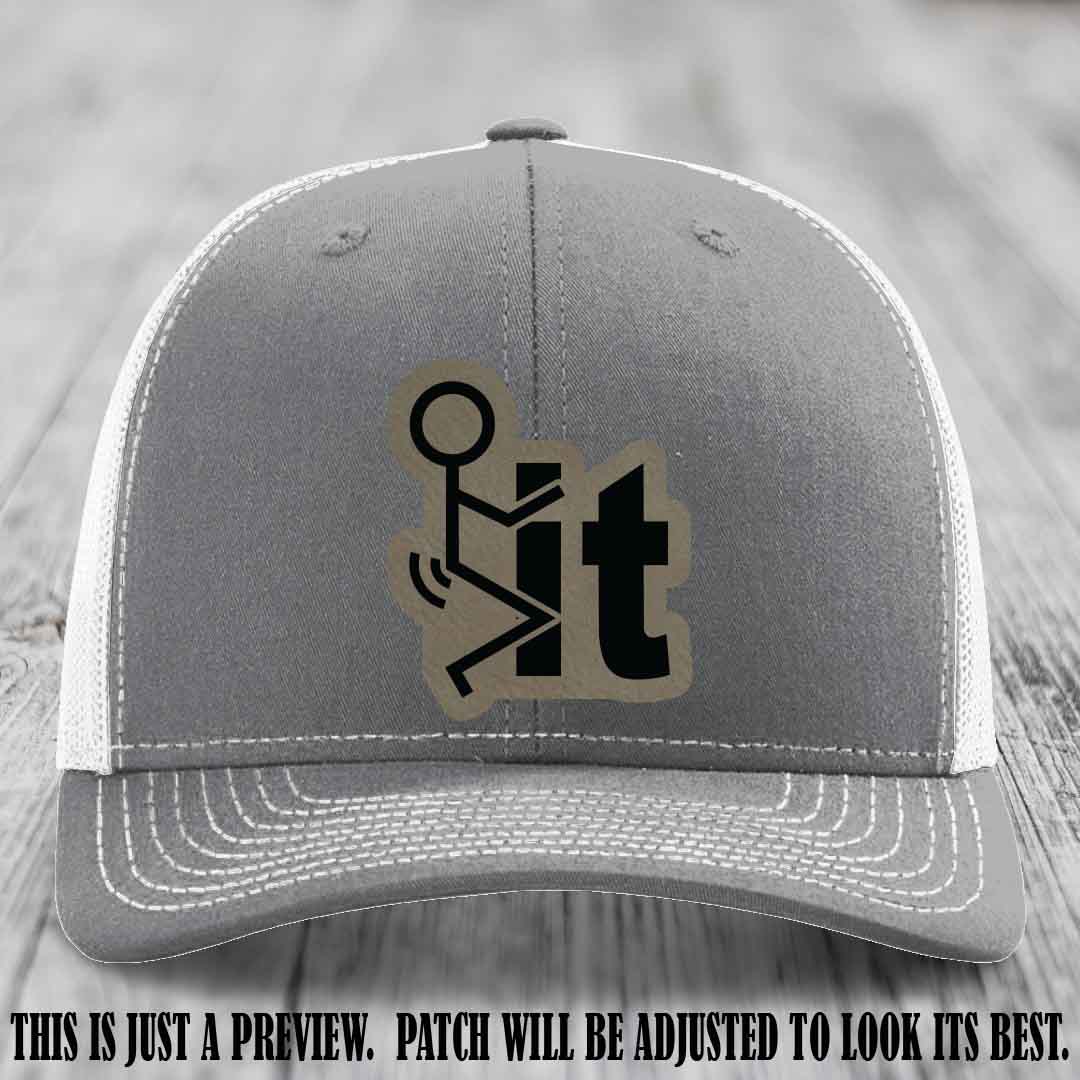 Stick It 😏 light brown to black patch on heather grey to white hat Richardson 112 leather patch hat