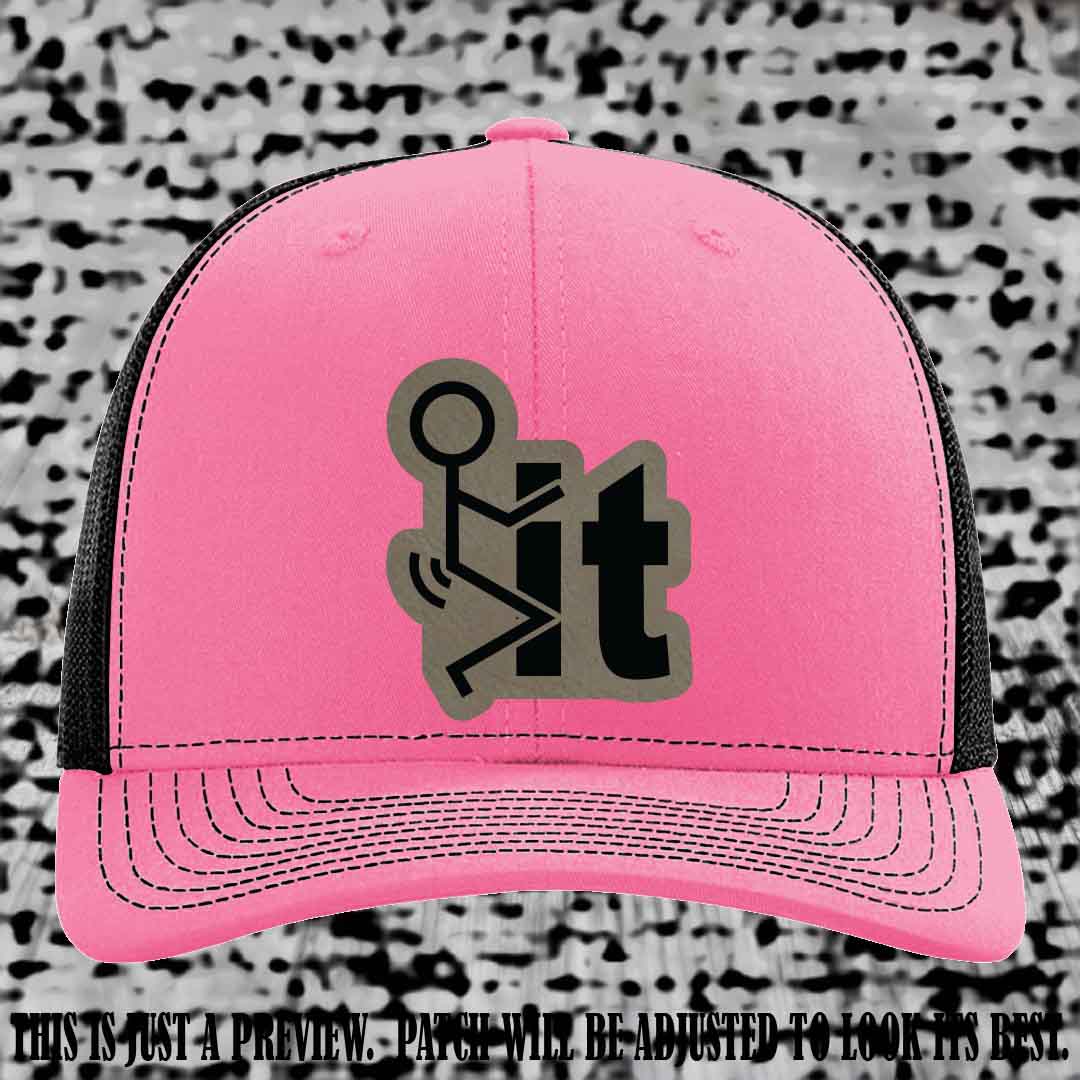 Stick It 😏 light brown to black patch on hot pink to black hat Richardson 112 leather patch hat