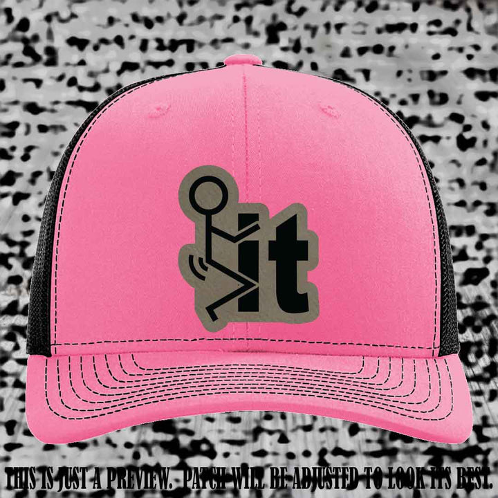 Stick It 😏 light brown to black patch on hot pink to black hat Richardson 112 leather patch hat