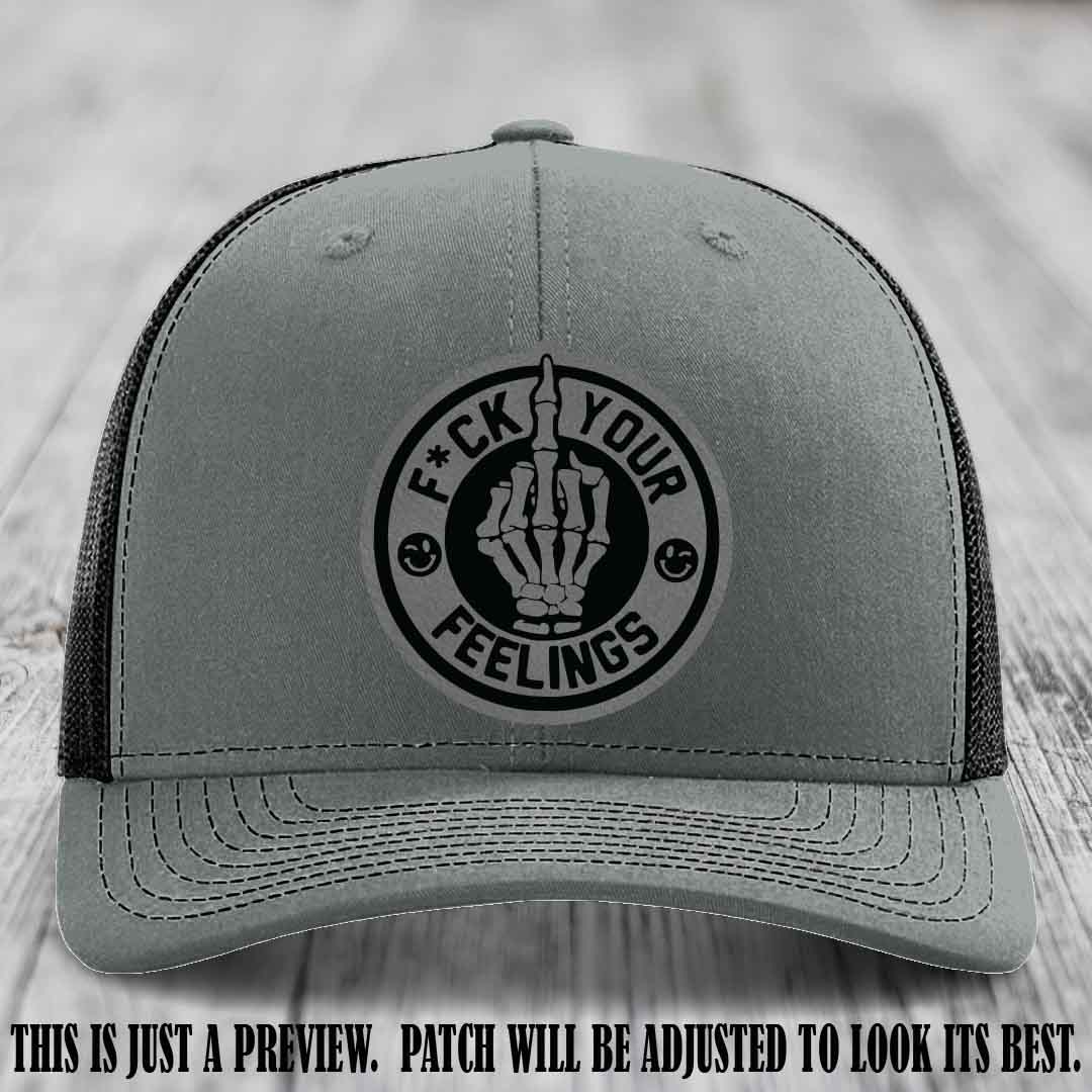F*ck Your Feelings 🖕 Leather Patch Hat on Grey to Black Patch, Heather Grey to Black Hat - Funny, Snarky Custom Leather Patch Trucker Hat