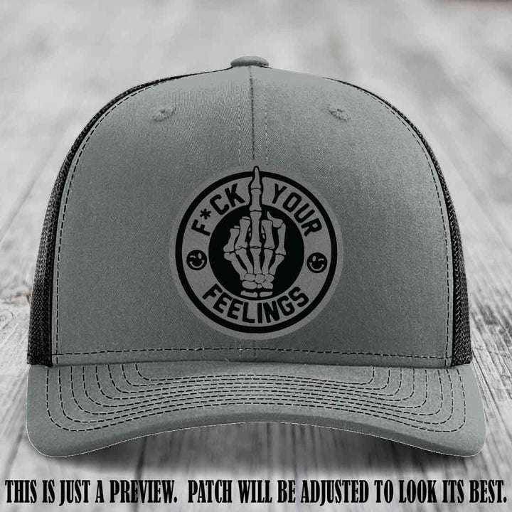 F*ck Your Feelings 🖕 Leather Patch Hat on Grey to Black Patch, Heather Grey to Black Hat - Funny, Snarky Custom Leather Patch Trucker Hat