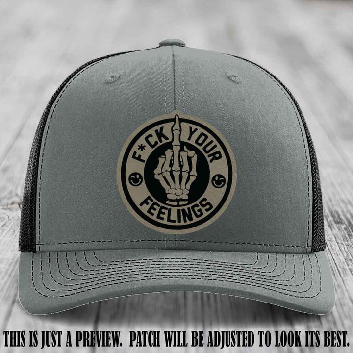 F*ck Your Feelings 🖕 Leather Patch Hat on Light Brown to Black Patch, Heather Grey to Black Hat - Funny, Snarky Custom Leather Patch Trucker Hat