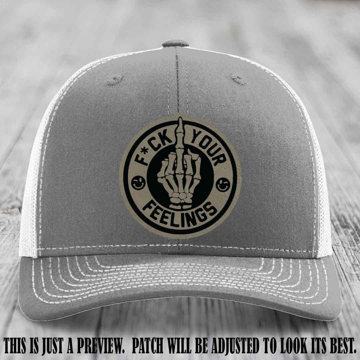 F*ck Your Feelings 🖕 Leather Patch Hat on Light Brown to Black Patch, Heather Grey to White Hat - Funny, Snarky Custom Leather Patch Trucker Hat