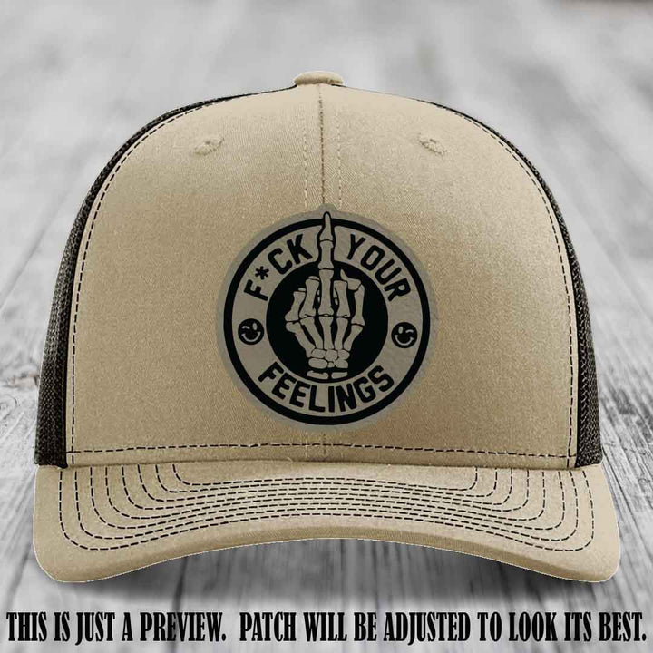 F*ck Your Feelings 🖕 Leather Patch Hat on Light Brown to Black Patch, Khaki to Coffee Hat - Funny, Snarky Custom Leather Patch Trucker Hat