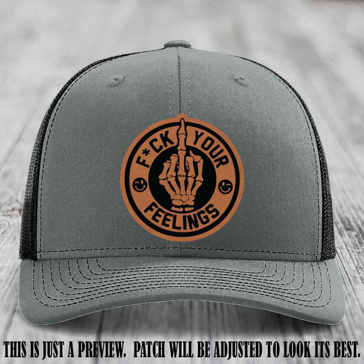 F*ck Your Feelings 🖕 Leather Patch Hat on Rawhide to Black Patch, Heather Grey to Black Hat - Funny, Snarky Custom Leather Patch Trucker Hat