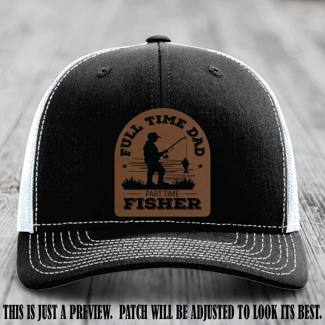 Dark Brown to Black Patch on Black to White Hat - Custom Leather Patch Trucker Hat