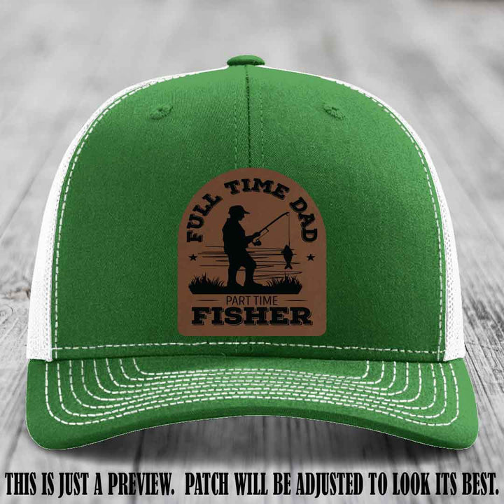 Dark Brown to Black Patch on Kelly to White Hat - Custom Leather Patch Trucker Hat