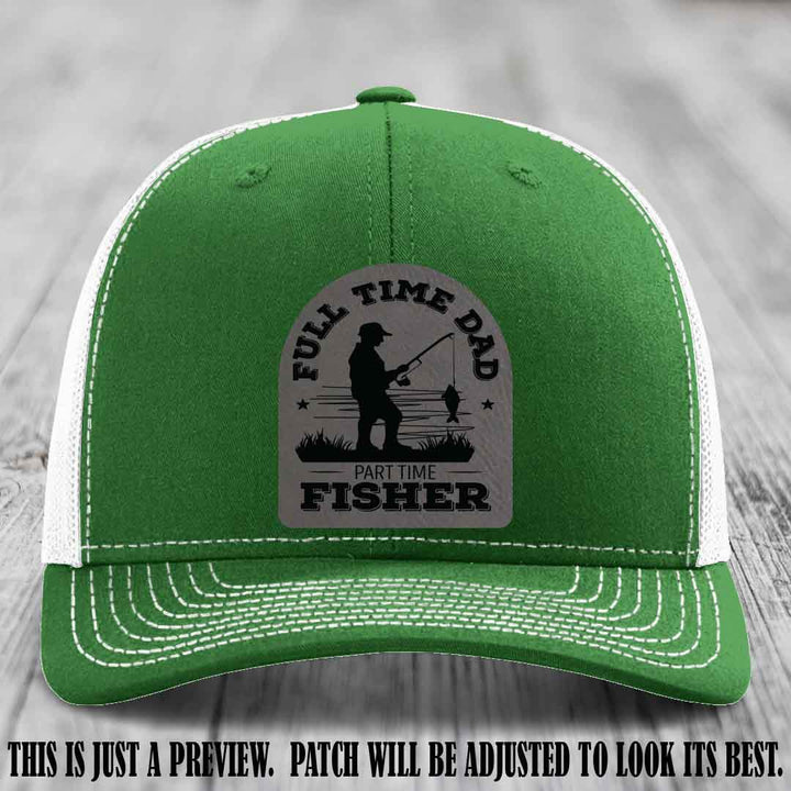 Grey to Black Patch on Kelly to White Hat - Custom Leather Patch Trucker Hat