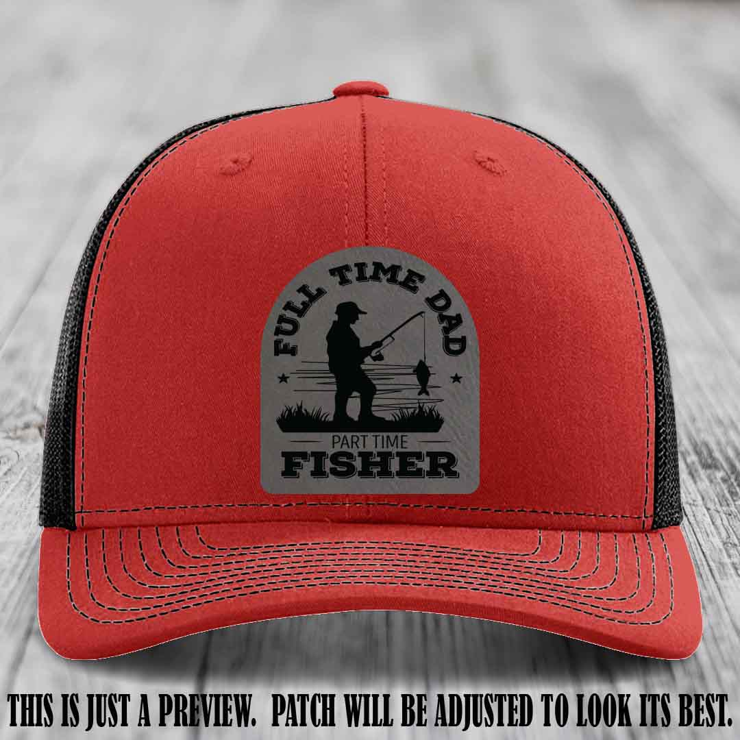 Grey to Black Patch on Red to Black Hat - Custom Leather Patch Trucker Hat