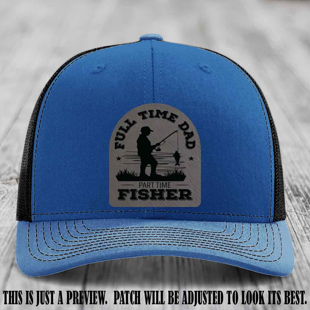 Grey to Black Patch on Royal to Black Hat - Custom Leather Patch Trucker Hat