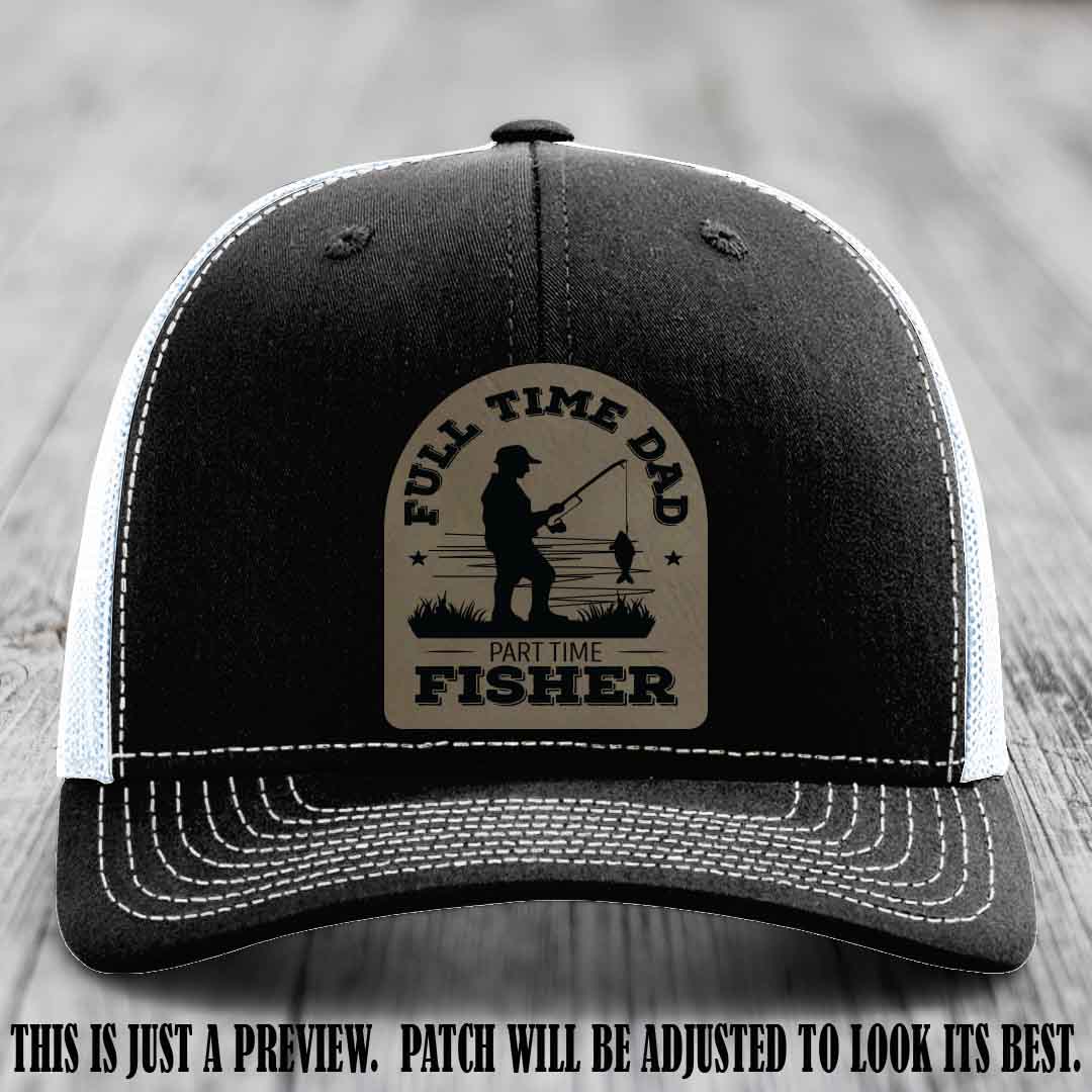 Light Brown to Black Patch on Black to White Hat - Custom Leather Patch Trucker Hat