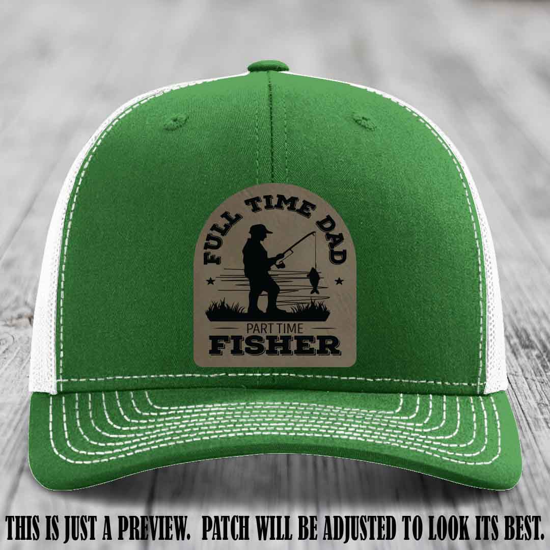 Light Brown to Black Patch on Kelly to White Hat - Custom Leather Patch Trucker Hat