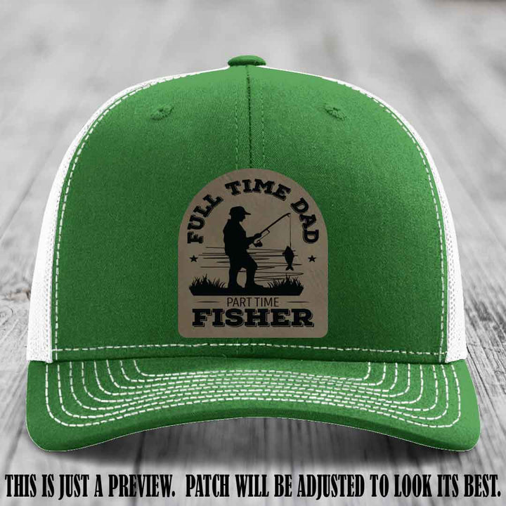 Light Brown to Black Patch on Kelly to White Hat - Custom Leather Patch Trucker Hat