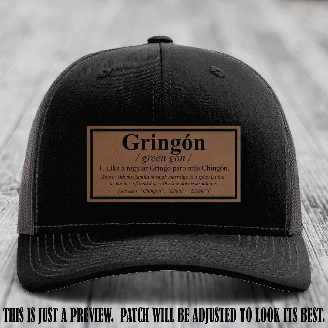 Gringón Funny Leather Patch Hat 😏🔥 Dark Brown to Black Patch on Black to Charcoal Hat - Funny Custom Leather Patch Hat