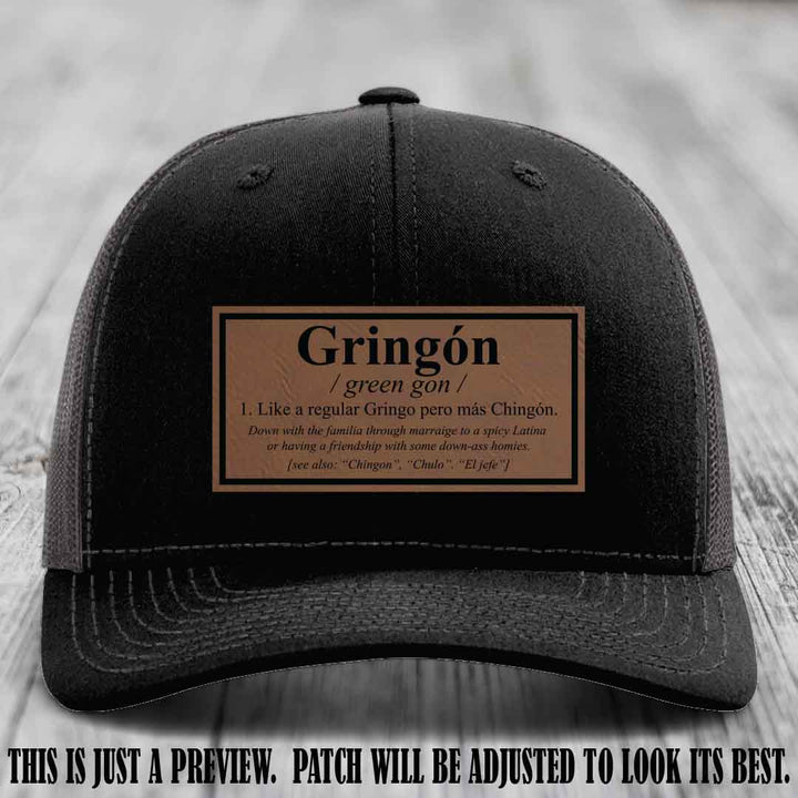 Gringón Funny Leather Patch Hat 😏🔥 Dark Brown to Black Patch on Black to Charcoal Hat - Funny Custom Leather Patch Hat