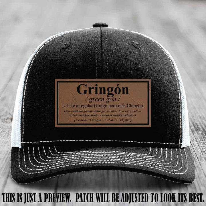 Gringón Funny Leather Patch Hat 😏🔥 Dark Brown to Black Patch on Black to White Hat - Funny Custom Leather Patch Hat