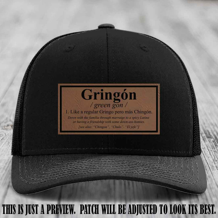 Gringón Funny Leather Patch Hat 😏🔥 Dark Brown to Black Patch on Black Hat - Funny Custom Leather Patch Hat