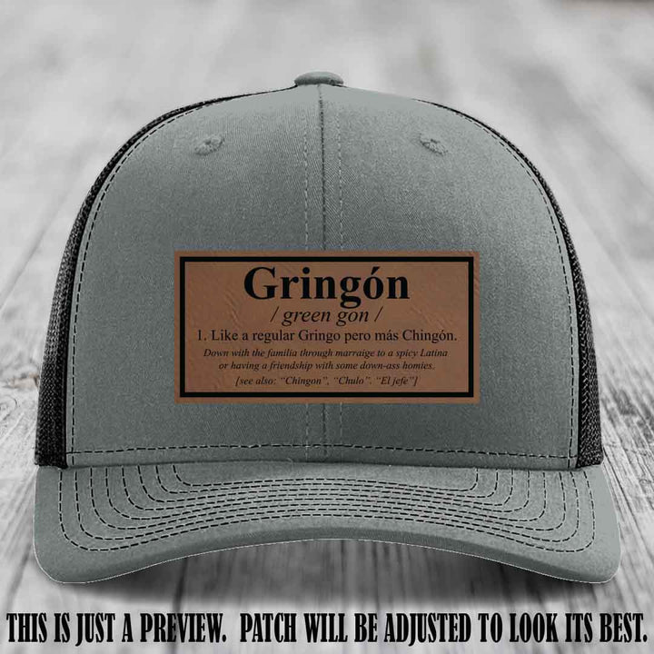 Gringón Funny Leather Patch Hat 😏🔥 Dark Brown to Black Patch on Heather Grey to Black Hat - Funny Custom Leather Patch Hat