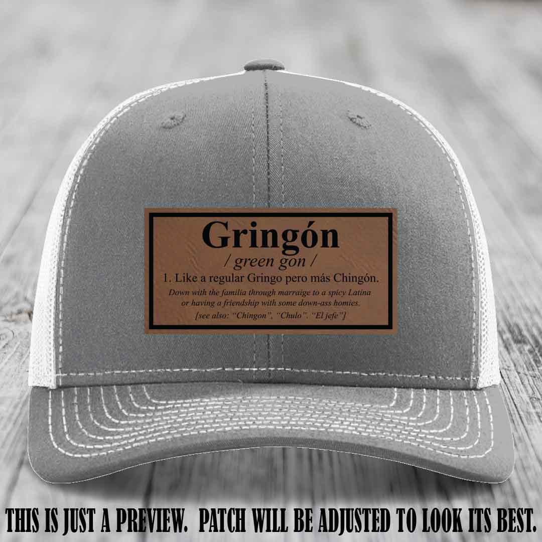 Gringón Funny Leather Patch Hat 😏🔥 Dark Brown to Black Patch on Heather Grey to White Hat - Funny Custom Leather Patch Hat