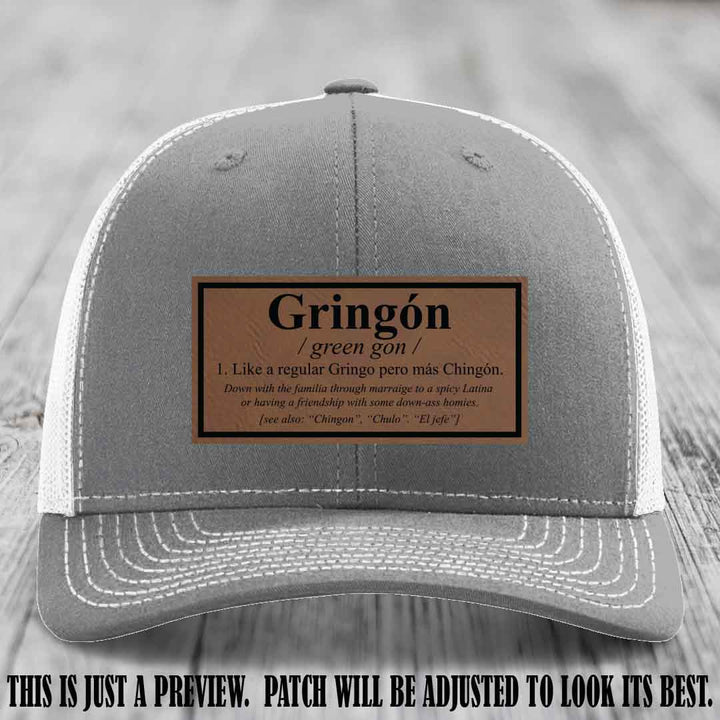 Gringón Funny Leather Patch Hat 😏🔥 Dark Brown to Black Patch on Heather Grey to White Hat - Funny Custom Leather Patch Hat