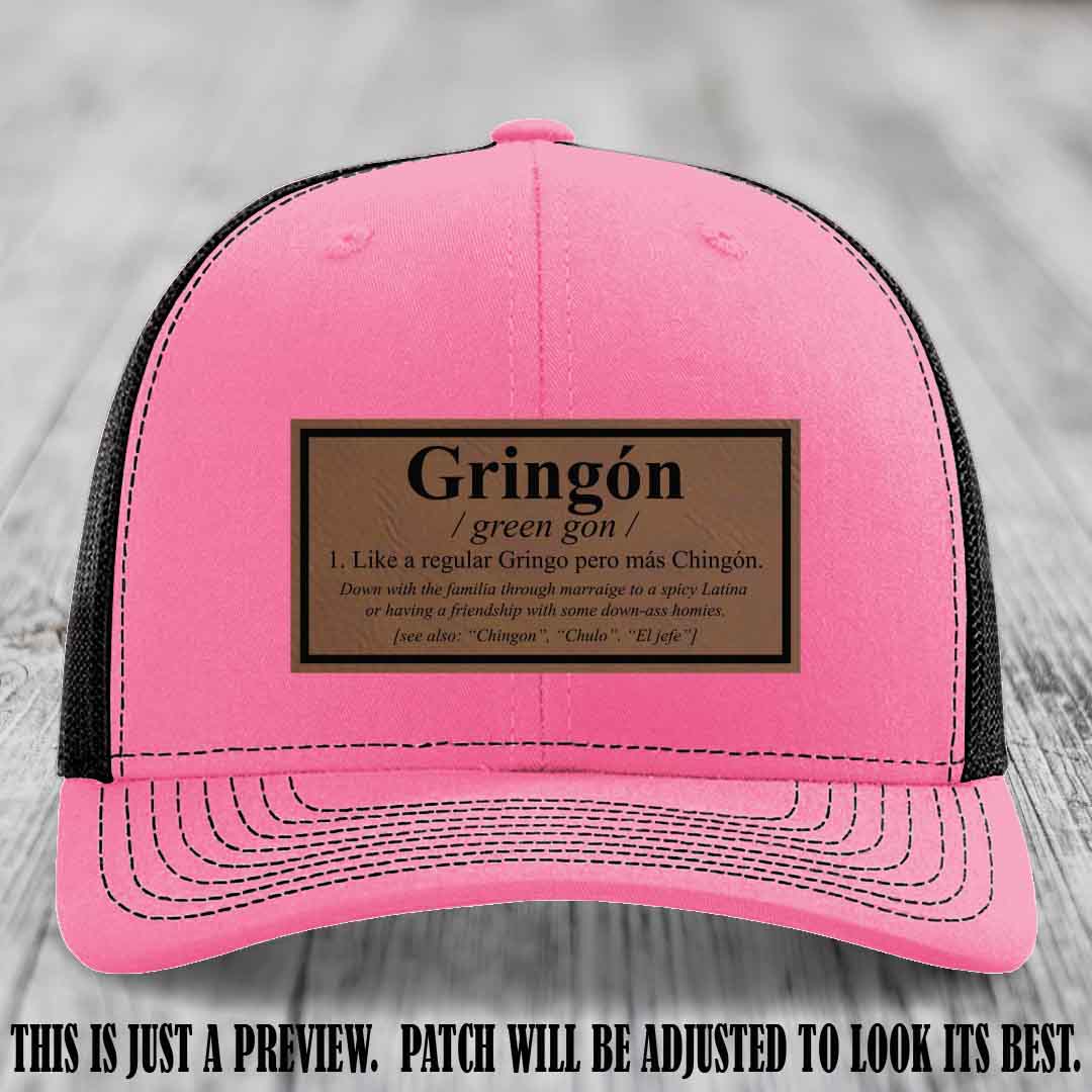 Gringón Funny Leather Patch Hat 😏🔥 Dark Brown to Black Patch on Hot Pink to Black Hat - Funny Custom Leather Patch Hat