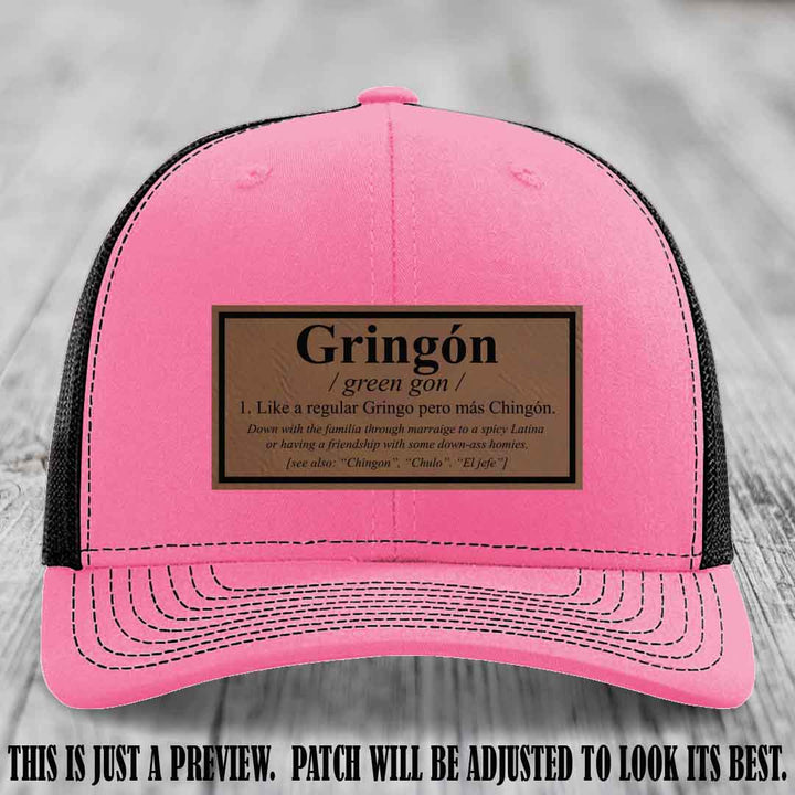 Gringón Funny Leather Patch Hat 😏🔥 Dark Brown to Black Patch on Hot Pink to Black Hat - Funny Custom Leather Patch Hat