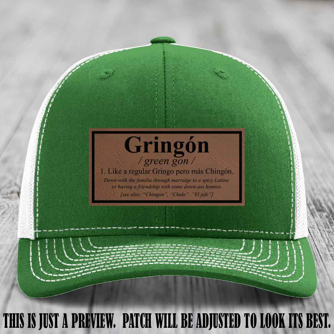 Gringón Funny Leather Patch Hat 😏🔥 Dark Brown to Black Patch on Kelly to White Hat - Funny Custom Leather Patch Hat