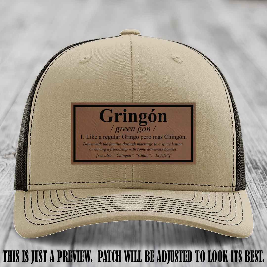 Gringón Funny Leather Patch Hat 😏🔥 Dark Brown to Black Patch on Khaki to Coffee Hat - Funny Custom Leather Patch Hat