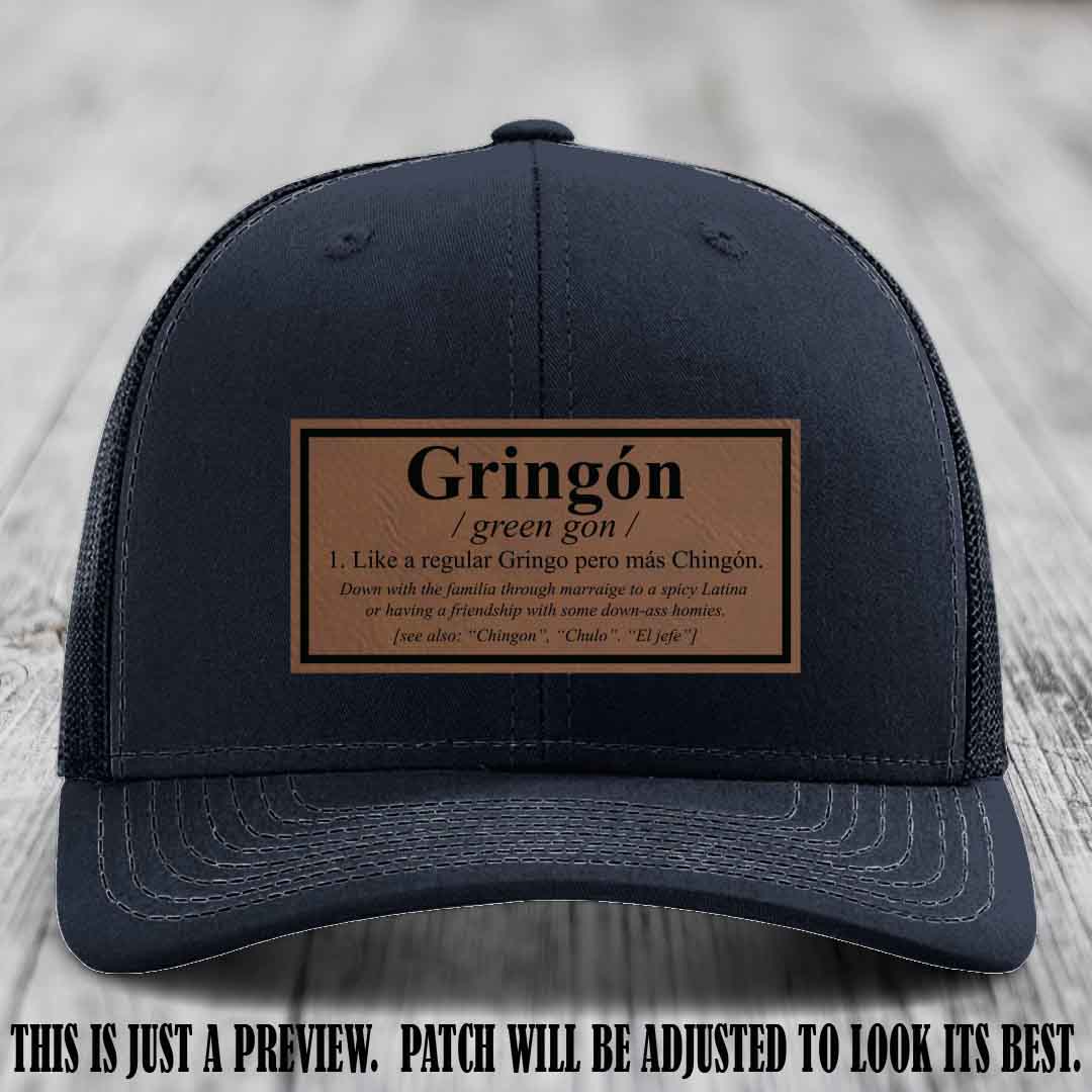 Gringón Funny Leather Patch Hat 😏🔥 Dark Brown to Black Patch on Navy Hat - Funny Custom Leather Patch Hat