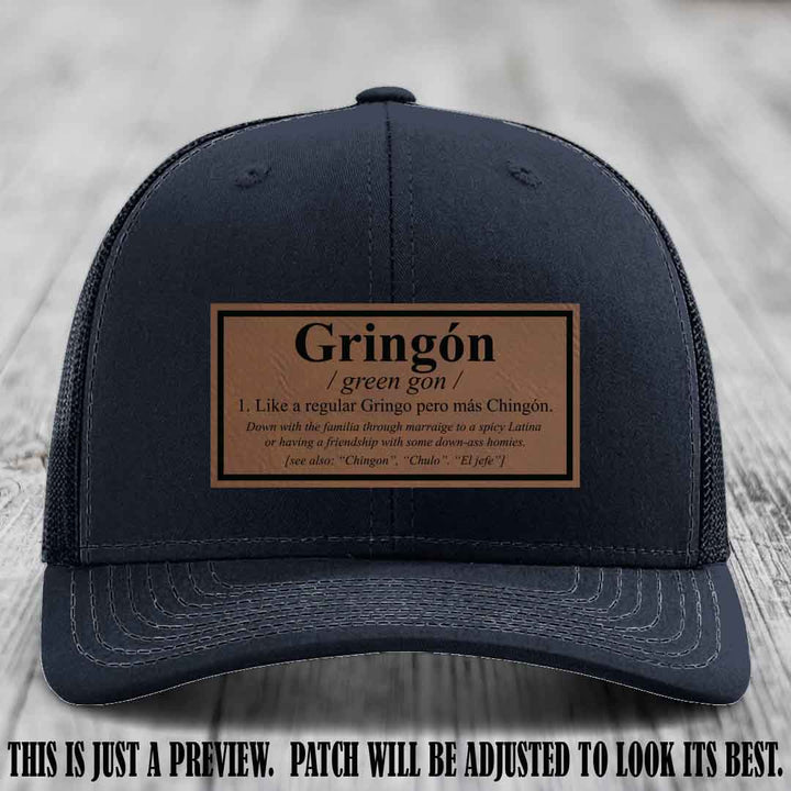 Gringón Funny Leather Patch Hat 😏🔥 Dark Brown to Black Patch on Navy Hat - Funny Custom Leather Patch Hat