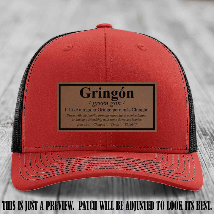 Gringón Funny Leather Patch Hat 😏🔥 Dark Brown to Black Patch on Red to Black Hat - Funny Custom Leather Patch Hat